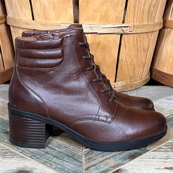 Clarks Hollis Jasmine Brown Leather Lace-Up Zip Heeled Ankle Boot Women Size 6.5 - Picture 1 of 12